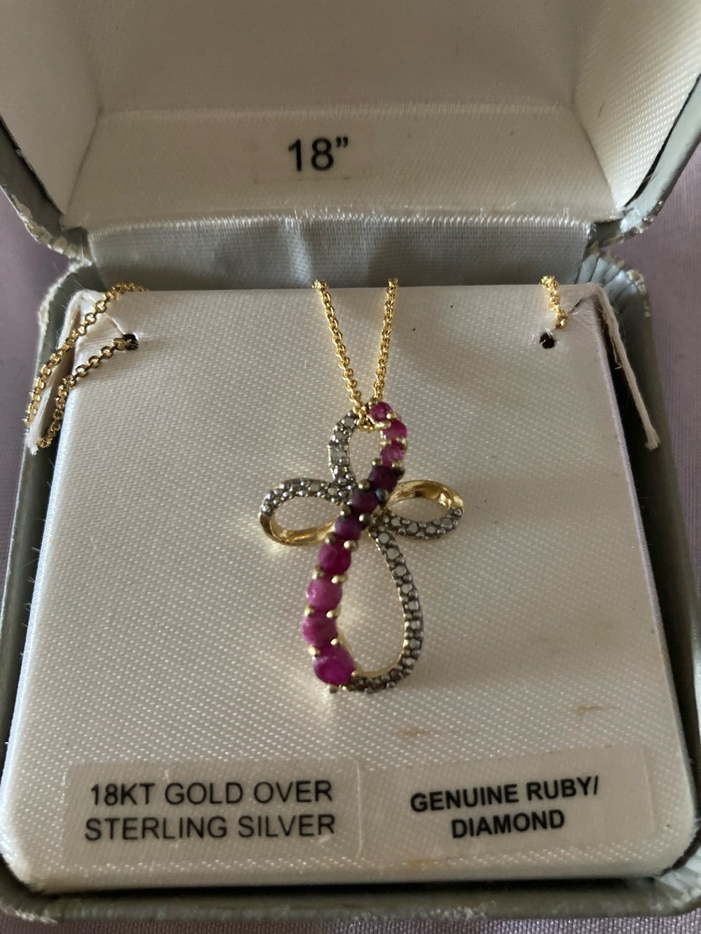 14k gold over sterling silver cross pendant necklace rubies diamonds 18" 🌹